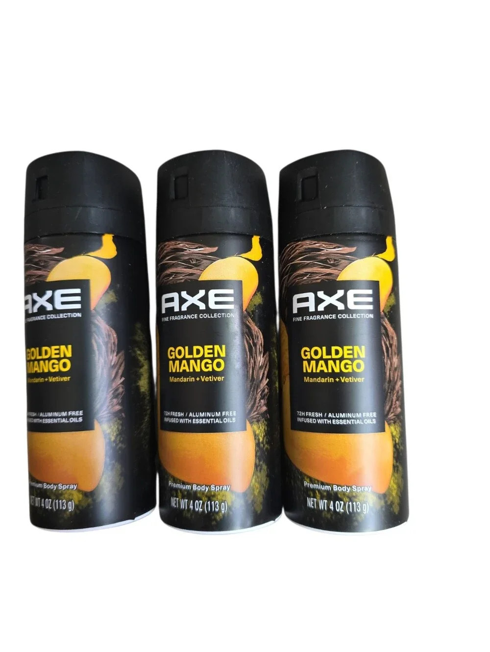 NWT AXE Golden Mango Premium Body Spray 3-Pack 4 oz Mandarin Vetiver Aluminum Fr